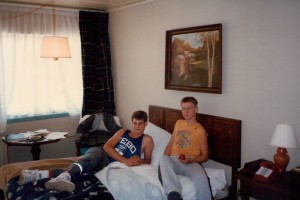 The Huskers were housed at the Ramada Inn on the far westside of Indianapolis during the filming. Shown are Kent Poole and Wade Schenck.